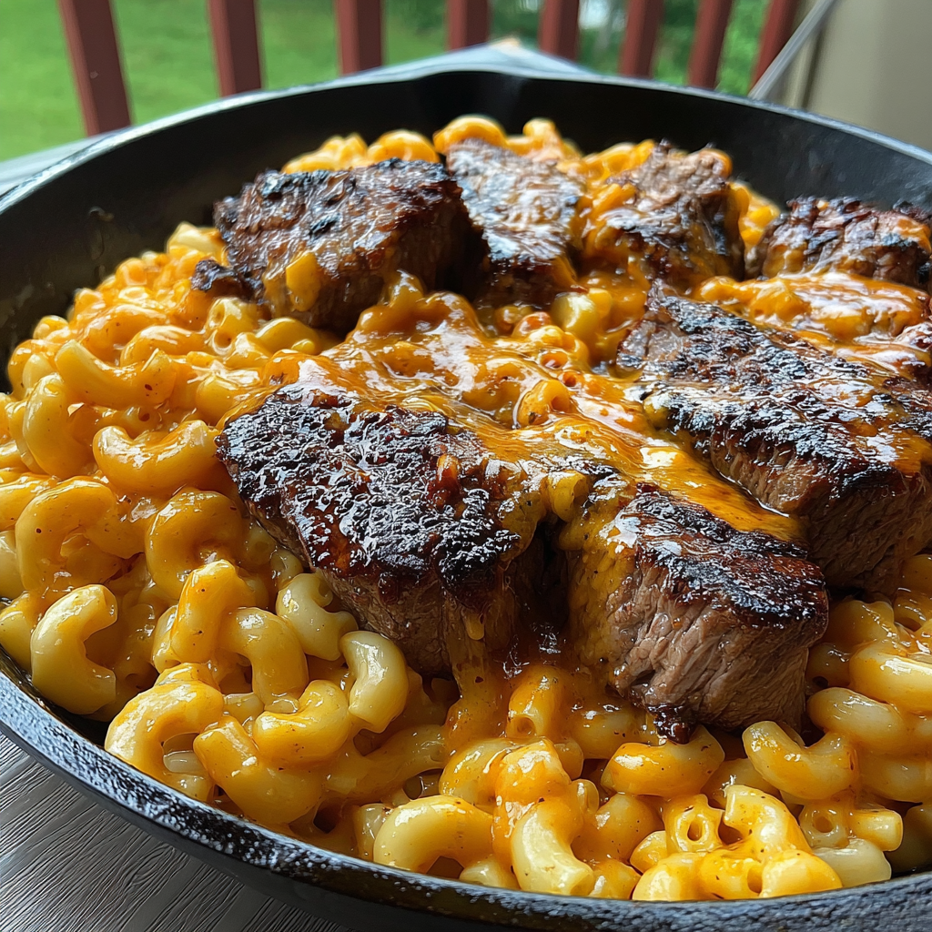 Spicy BBQ Steak Mac & Cheese Skillet Delight