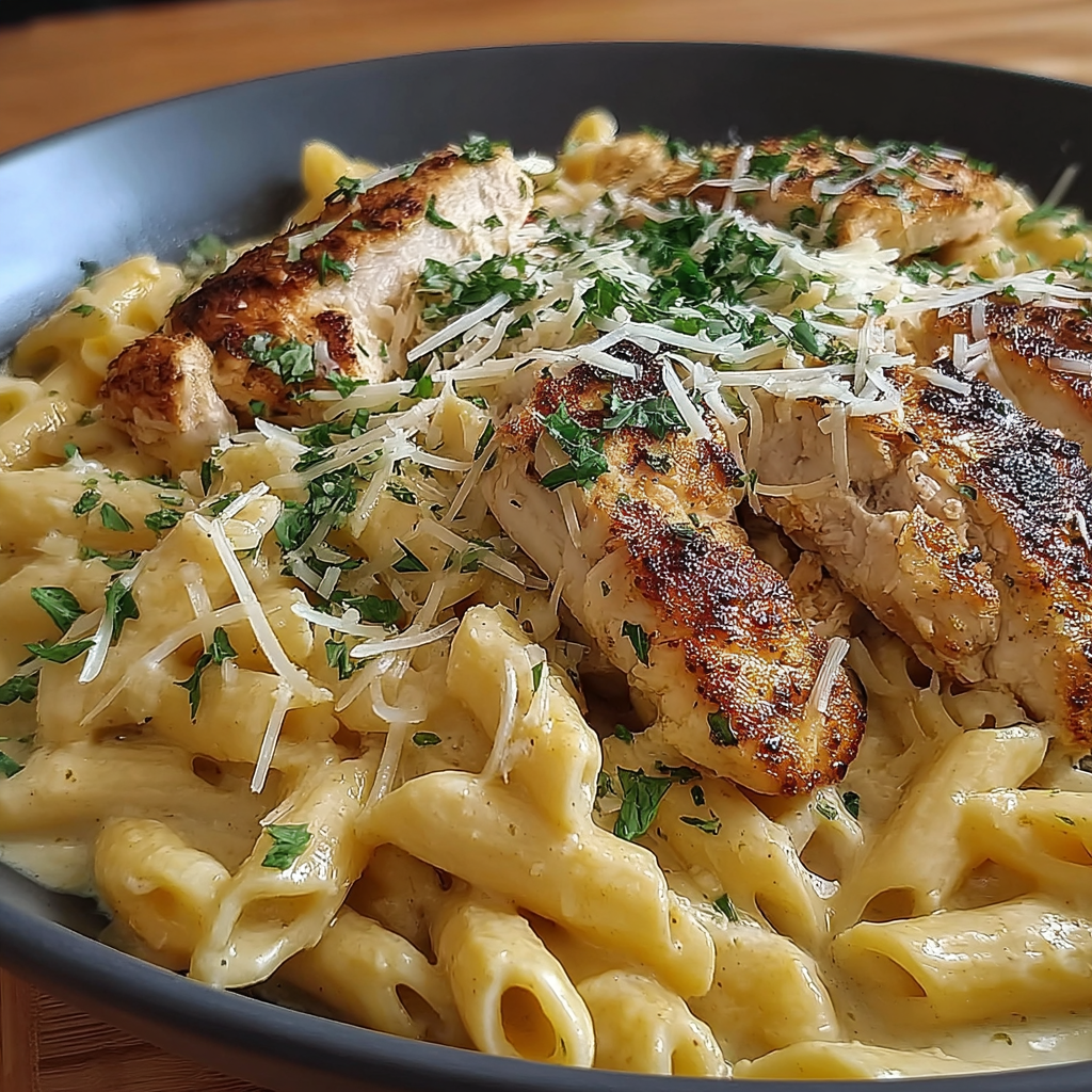 Creamy Garlic Parmesan Cajun Chicken Pasta in a Skillet