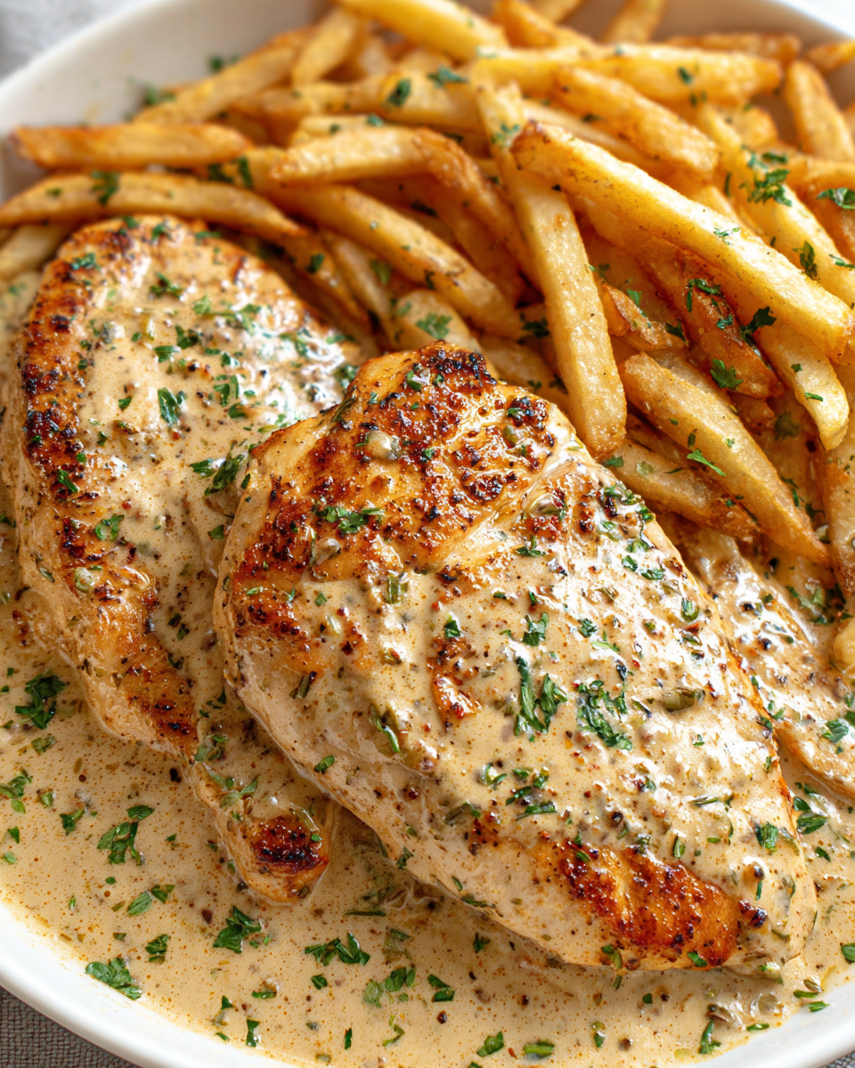 Chicken Fillet in Spicy, Creamy Garlic-Parmesan Sauce with Fries