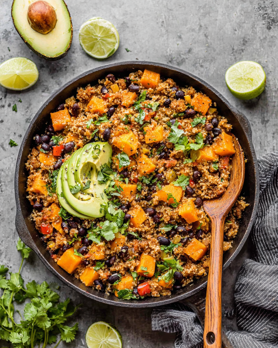 Savory Southern Sweet Potato Black Beans & Rice Skillet